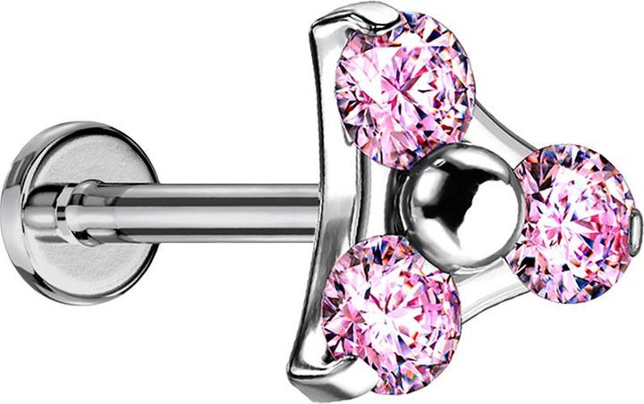 Star Piercing Micro Threadless Labret silber Dreieck drei Kristalle pink (Titan G23, ohne Messing)