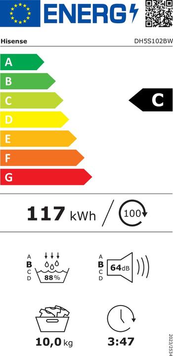 Label énergétique Hisense DH5S102BW (10 kg, Droite, Modifiable)
