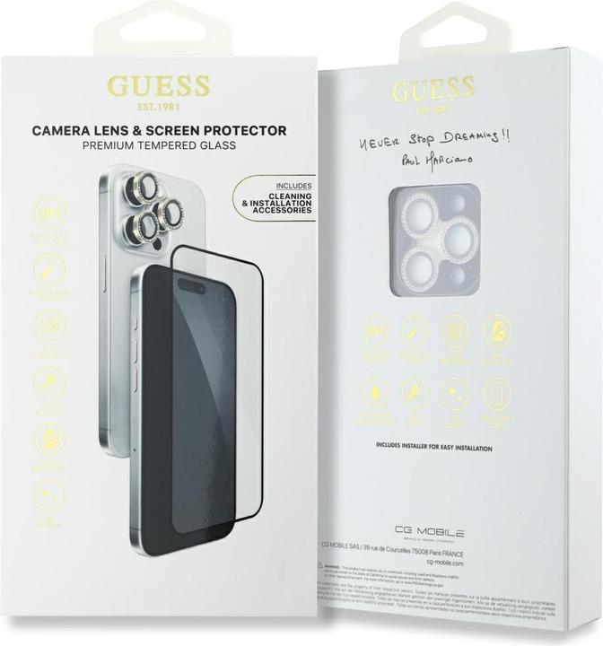 Produktbild Guess BP Rhinestone 2in1 Screen Protector and Camera Lens Set for iPhone 16 Pro Max - Gold (1 Stück, Apple iPhone 16 Pro)