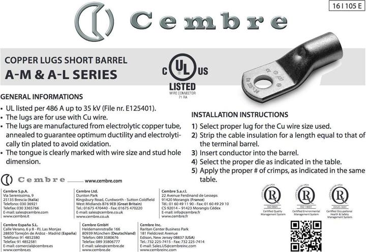 Image du produit Kalitec 10 Stück Cembre A10-M6 Rohrkabelschuh 50mm² M6 unisoliert aus Kupfer verzinnt