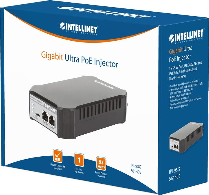 Image du produit Intellinet 1x PoE, IEEE 802.3af/at, 10/100/1000 Mbit/s RJ-45 (802,3bt (PoE+++), 95 W)