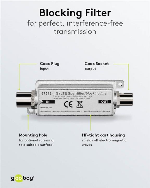 Image du produit Goobay Filtre de blocage LTE/4G coaxial mâle - coaxial femelle (Amplificateur)