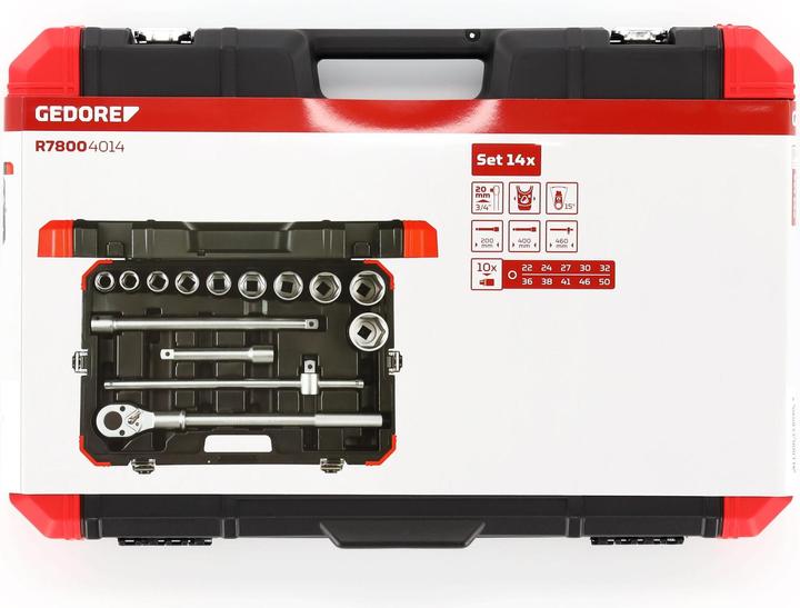 Actual product image Gedore Red red Socket set, 14 pieces, With reversible ratchet, Ratchet, Socket spanner, 3/4" (37 mm, 50 mm, 36 mm, 43 mm, 42 mm, 23 mm, 48 mm, 34 mm, 28 mm, 44 mm, 38 mm, 32 mm, 31 mm, 24 mm, 39 mm, 49 mm, 22 mm, 33 mm, 26 mm, 35 mm, 46 mm, 40 mm, 27 mm, 29 mm, 45 mm, 25 mm, 30 mm, 41 mm, 47 mm)
