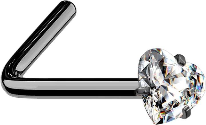 Star Piercing Nasenstecker gewinkelt schwarz Kristallherz silber gefasst (ohne Messing, Chirurgenstahl 316L)