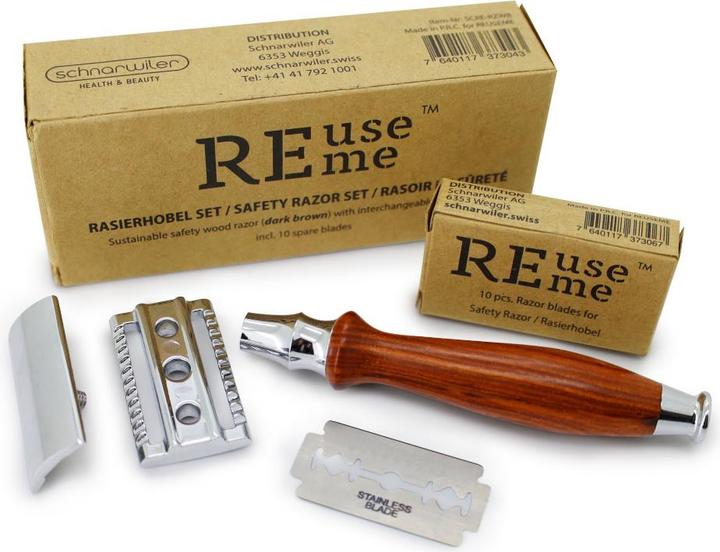 Immagine prodotto ReUseMe Rasoio in legno marrone scuro con lama in acciaio, incluse 10 lame di ricambio