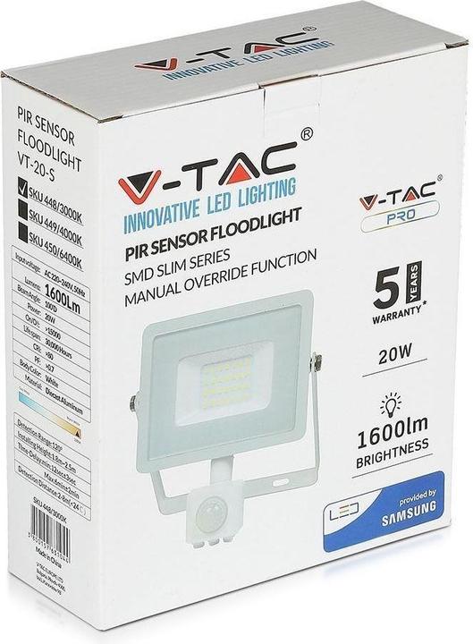 Produktbild V-TAC VT20SB 20W LED Sensor Fluter SAMSUNG Chip Abschaltfunktion Weiss Gehäuse 6400K (1600 lm, IP65)