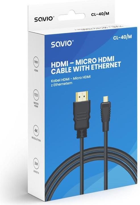 Produktbild Savio CL-40/M HDMI (M) - micro HDMI (M) Kabel mit Ethernet 2m Schwarz (2 m, HDMI)
