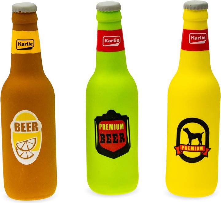 Actual product image Karlie Latex Dog Toy beer bottle with squeaker in display
