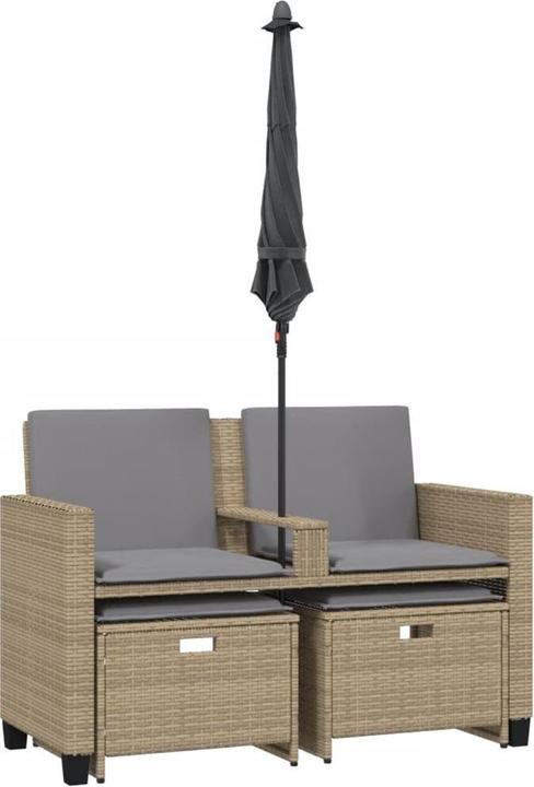 Produktbild VidaXL Gartensofa 2-Sitzer Sonnenschirm und Hocker Poly-Rattan