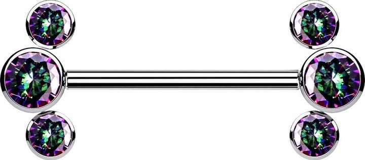 Star Piercing Threadless Barbell silber front drei Kristalle dunkel multicolor (ohne Messing, Titan G23)