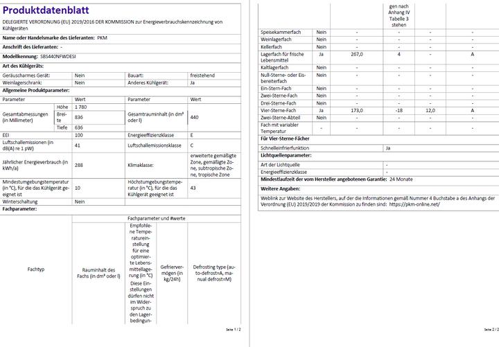 Nutritional values and ingredients PKM Kühl-Gefrier-Kombination SBS440NFWDESI (440 l)