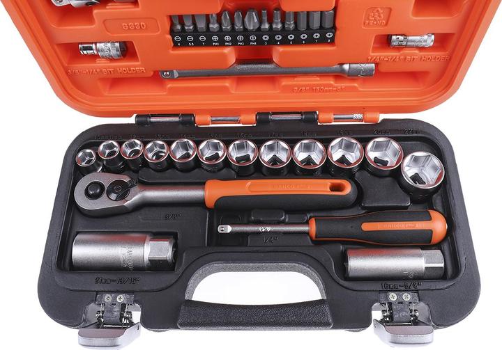 Produktbild Bahco 1/4"- und 3/8"-Steckschlüssel-Satz, metrisch, Sechskant, inklusive Umschaltknarre - 34-teilig (3/8")