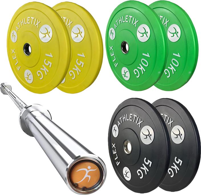 Produktbild FlexAthletix Bumper Plates Set & Langhantel (2 x 5 kg, 2 x 10 kg, 2 x 15 kg)