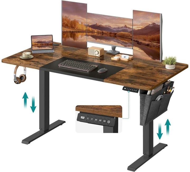 Produktbild Songmics elektrisch höhenverstellbarer Schreibtisch braun rechteckig, C-Fuss-Gestell schwarz 140,0 x (140 x 60 x 120 cm)