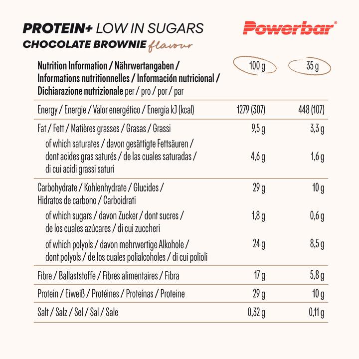 Nährwerte und Zutaten Powerbar Protein Plus Low Sugar (Schokolade, Brownie, 16 Stk., 560 g)