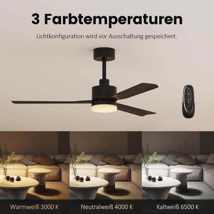 Produktbild Emke Deckenventilator mit Beleuchtung, 3 Blättern, 6 Geschwindigkeiten, 3 Lichttemperatur,Ø132cm, Schwarz