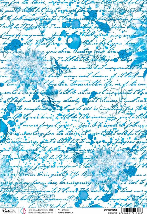 Actual product image Ciao Bella Motif straw silk "Indigo Scripts", approx. 30 x 21.5 cm (28 g/m², 1 x)