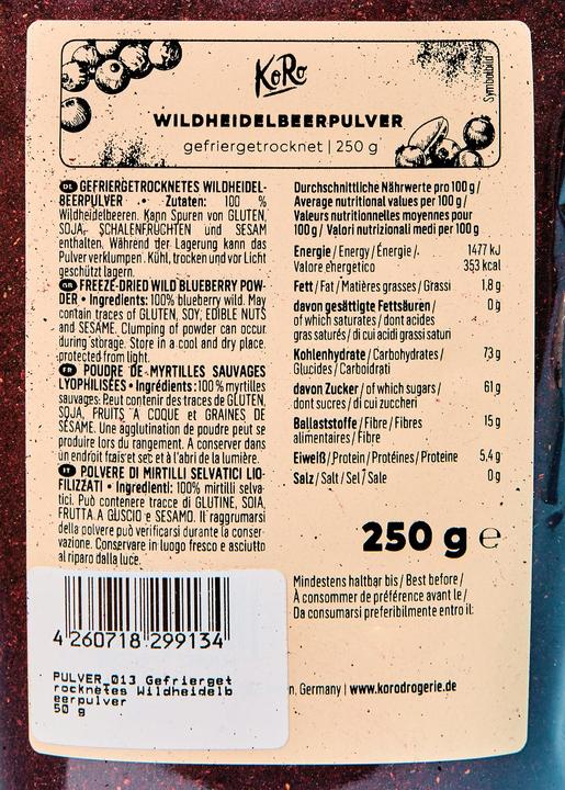 Nährwerte und Zutaten KoRo Gefriergetrocknetes Wildheidelbeerpulver (250 g)
