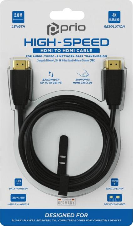 Produktbild prio High-End HDMI A zu HDMI A Kabel 4K Ethernet 2.0m schwarz (2 m, HDMI)