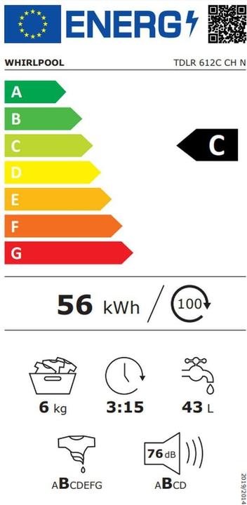 Label énergétique Whirlpool TDLR 612C CH N (6 kg, Vers le haut, Fiche CH)