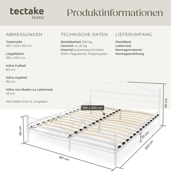 Produktbild tectake Metallbett (200 x 180 cm)