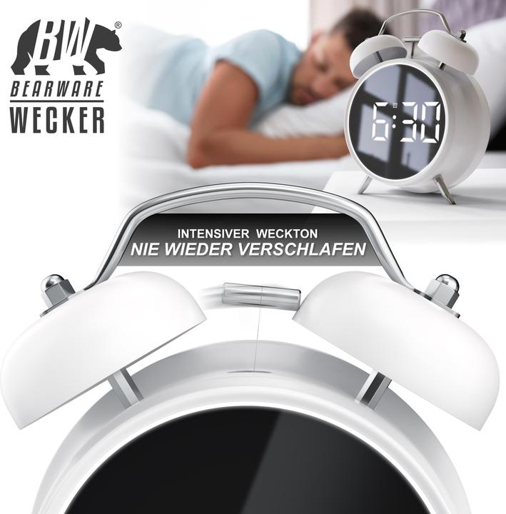 Produktbild Bearware Wecker digital, rund, Lichtring, Retro, lauter Glockenalarm, Zeit und Datum, Beleuchtet, ohne Ticken