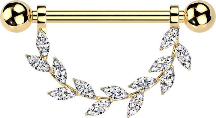 Star Piercing Barbell Innengewinde vergoldet mit zwei Kugeln Anhänger Kristallblätter silber (ohne Messing, Titan G23)