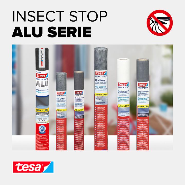 Produktbild tesa Insektenschutz Alu COMFORT Ersatzrolle aus Fiberglas-Gewebe, für Fenster & Türen, ohne Bohren (120 x 250 cm)