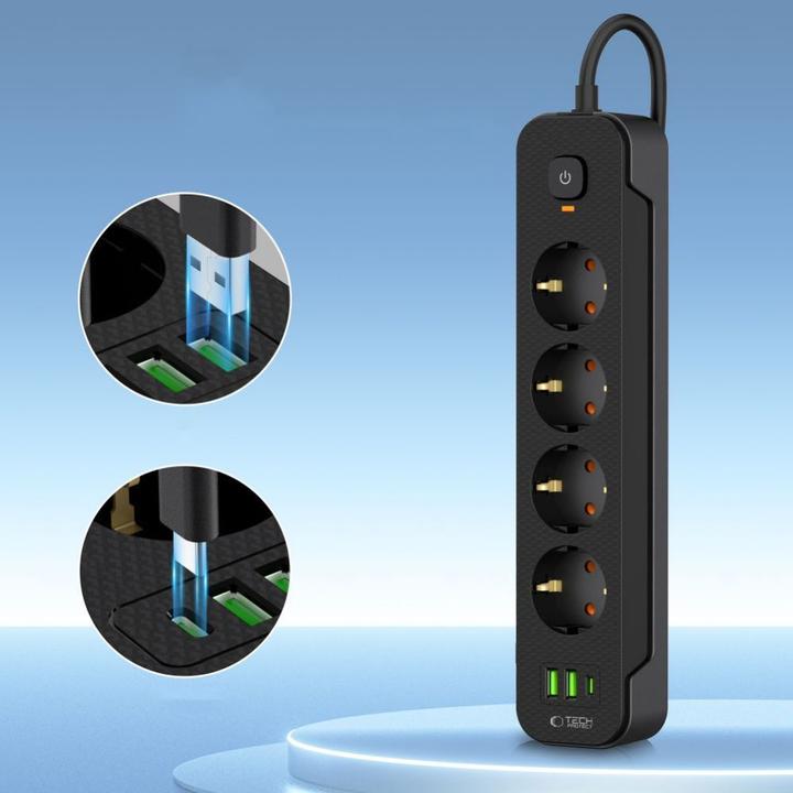 Actual product image Tech-Protect PCL4X3 Power Strip 4 Sockets 240V + 2xUSB-A + 1xUSB-C 200 cm - Black (2 x, USB-A, USB-C, 2 m)