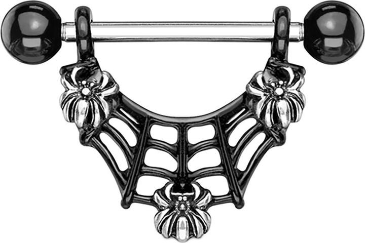 Star Piercing Barbell silber mit zwei Kugeln schwarz drei Spinnen (Messing, Chirurgenstahl 316L)