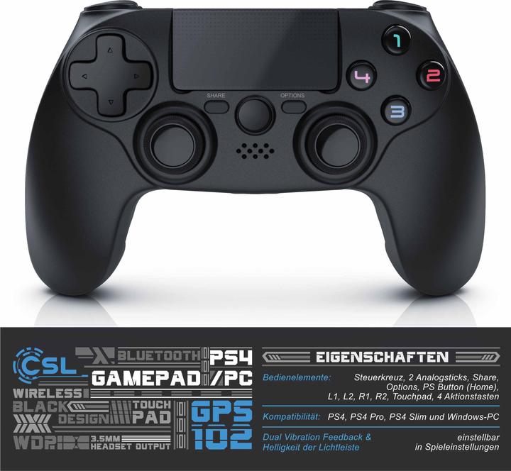 Actual product image CSL 2x Gaming Controller Set, Wireless Gamepad for PS4, Playstation Touchpad, 3.5 mm AUX. Dual Vibration (PS4, PC)