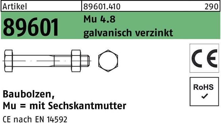 Productafbeelding Constructiebout R 89601 CE zeskantmoer M 12 x 120 Mu 4.8 gegalvaniseerd (M12)
