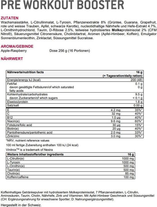 Nährwerte und Zutaten Sponser Pre Workout Booster (Himbeere, Apfel, 1 Stk., 256 g)