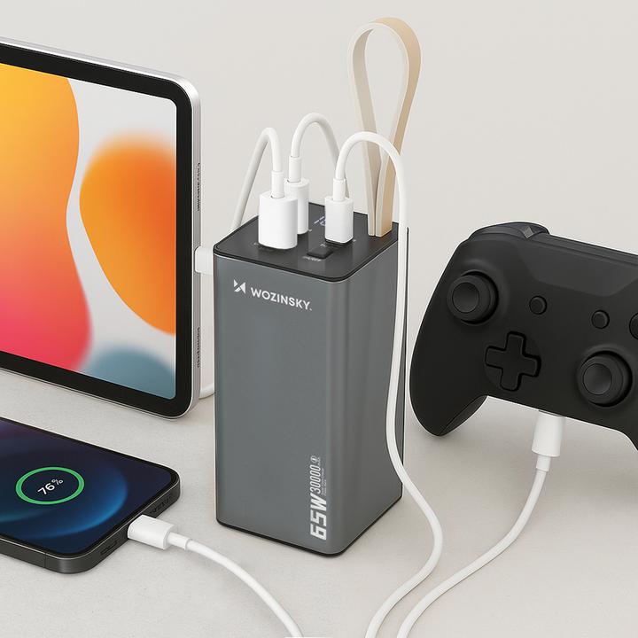 Actual product image Wozinsky Powerbank K65+ 65W 30000mAh 2x USB-C, 1x USB-A 65W - black (30000 mAh, 65 W, 65 Wh)