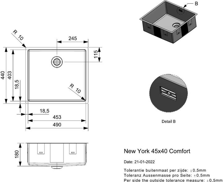 Actual product image Reginox Sink, Stainless Steel Kitchen Sink New York 45x40 cm R35528 (Fitted sink, 44 cm, 49 cm)