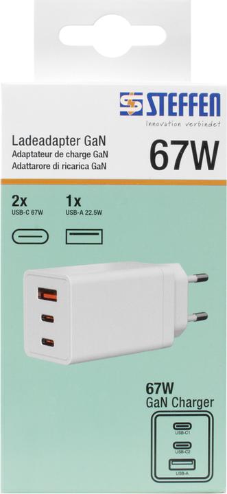 Actual product image Steffen Ladeadapter GaN 67W PD 1xUSB-A + 2xUSB-C max. 5.85A ws (Type 13)