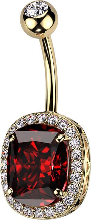 Star Piercing Banane vergoldet mit Kugel Kristall silber und grossem Kristall rot (Messing, Chirurgenstahl 316L)