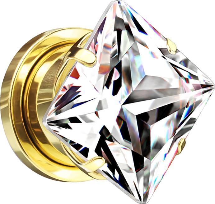 Star Piercing Flesh Plug vergoldet mit quadrat Kristall multicolor (ohne Messing, Chirurgenstahl 316L)