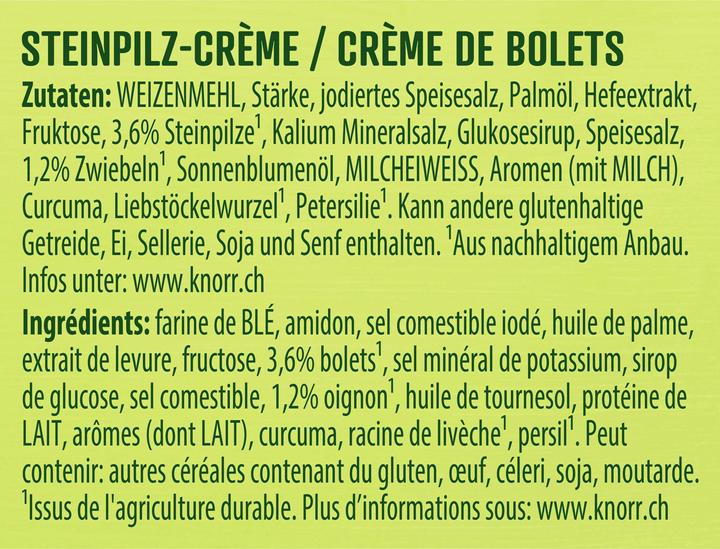 Nutritional values and ingredients Knorr Porcini mushroom cream soup sachet, mushroom soup with fine porcini mushrooms, creamy & flavoured