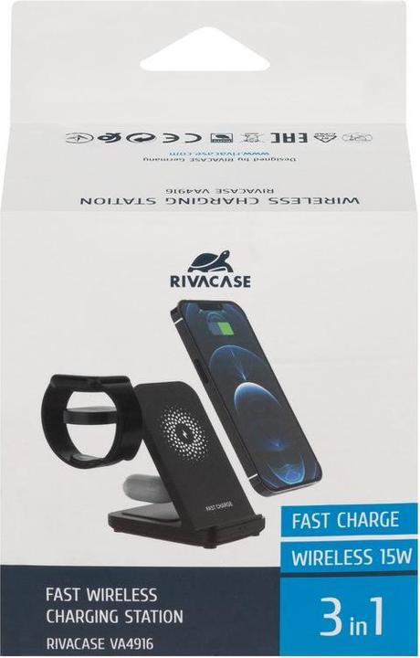 Image du produit Rivacase VA4916 WH3 Chargeur sans fil 3 en 1, charge 3 appareils simultanément, certifié Qi (15 W)