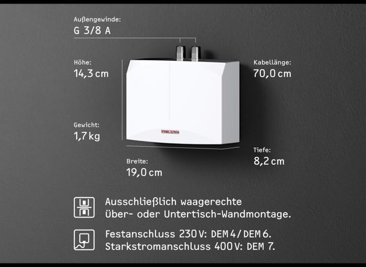 Actual product image Stiebel Eltron DEM 4 Electronic mini instantaneous water heater for hand basin only, 4.4 kW, without plug, VDE