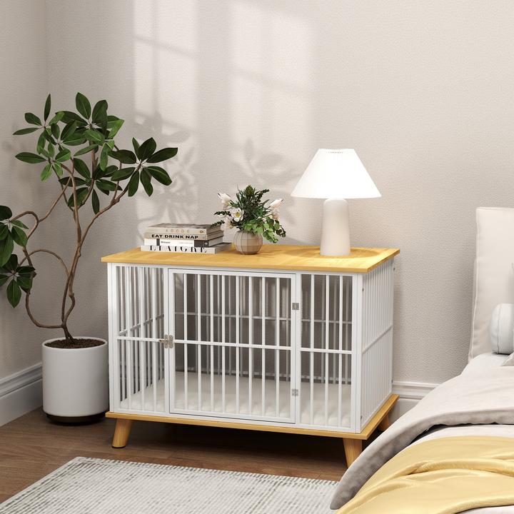 Actual product image PawHut Hundekäfig Stahl, Spanplatte Weiss+Eiche (Dog house)