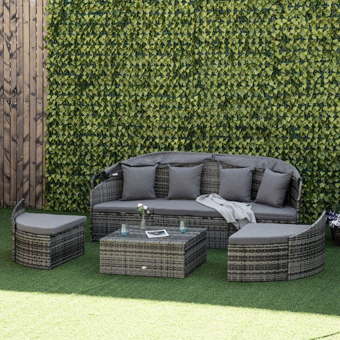 Produktbild Swisshandel24 Rattan Sonneninsel 4-teilige Liegeinsel mit Sonnendach Sitzgruppe 4 Kissen Metall Grau 230 x 145 x 8