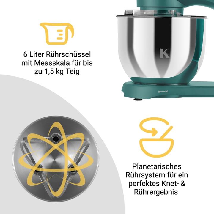 Produktbild KLAMER Küchenmaschine, Knetmaschine mit 6 Liter Edelstahl Schüssel (1800 W)