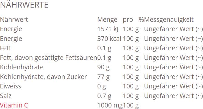 Nährwerte und Zutaten Wybert Pastillen mit Vitamin C