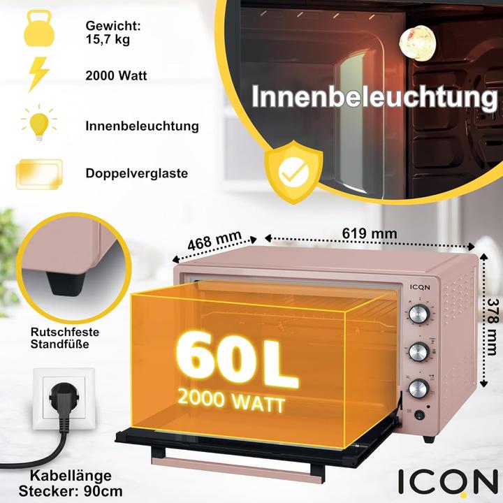 Image du produit Icqn XXL Vrijstaande Oven - 60L - Convectie Mini Oven - Hetelucht /u0026 Grillfunctie - Gemailleerde Holt