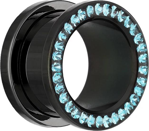 Star Piercing Flesh Tunnel schwarz mit Kristall aqua und Epoxy Schutzschicht (ohne Messing, Chirurgenstahl 316L)