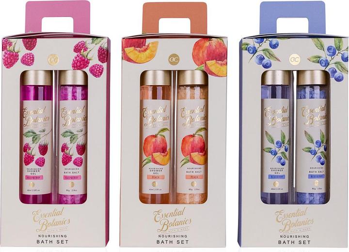 Produktbild Accentra Badeset ESSENTIAL BOTANICS - FRUITS in Geschenkbox, inkl. 60ml Duschgel, 80g Badesalz, 3 Motive/Düft (Haarpflege set)