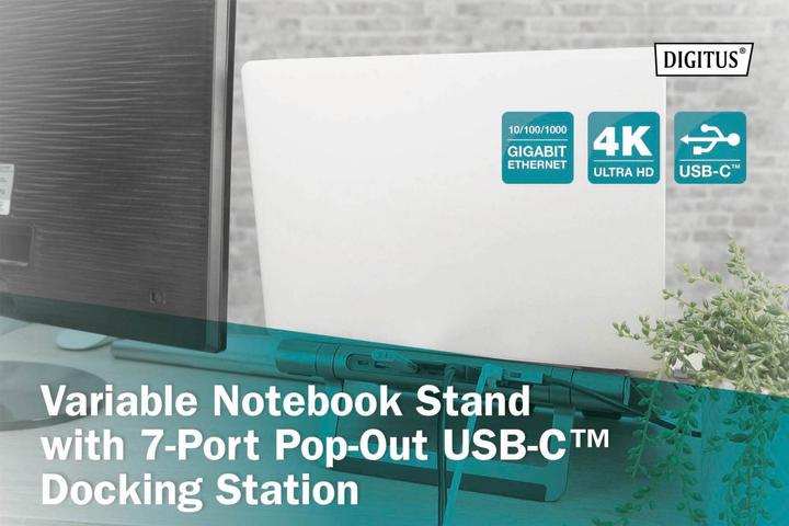 Immagine prodotto Digitus Supporto variabile per notebook con docking station USB-C® pop-out a 7 porte (USB-C, 7 Porti)