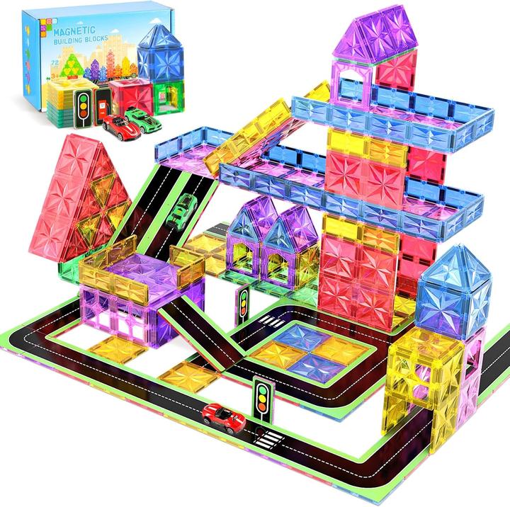 Perbabe Magnetische Bausteine-Set mit 2 Autos